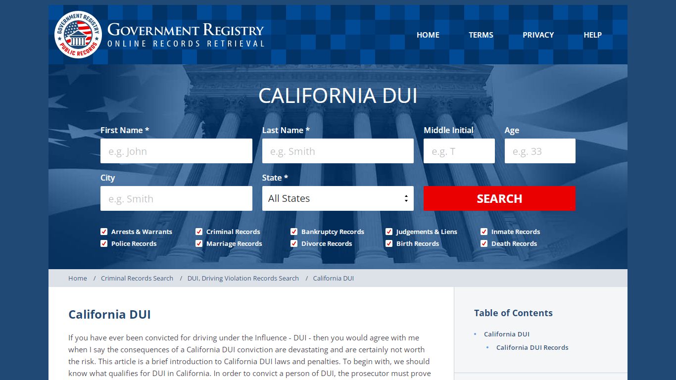 CaliforniaDUI|CaliforniaDUIRecords|GovernmentRegistry.org